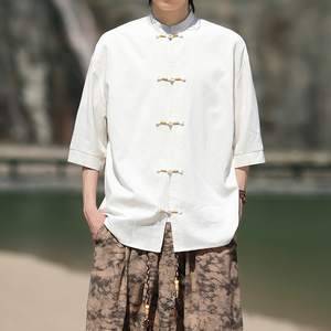 跑量竹节仿麻百搭单色 夏2025 风 汉服短袖衬衫/衬衣A810-p45图片