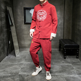 A1002风2021圆刺绣棉麻盘扣/唐装/汉服套装，男装民族服装，钱塘7008(原4008)