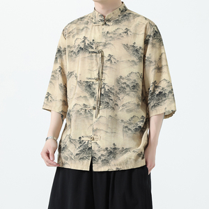 现货特P50  2026 夏季男装风  唐装汉服新中式短袖衬衣A681图片