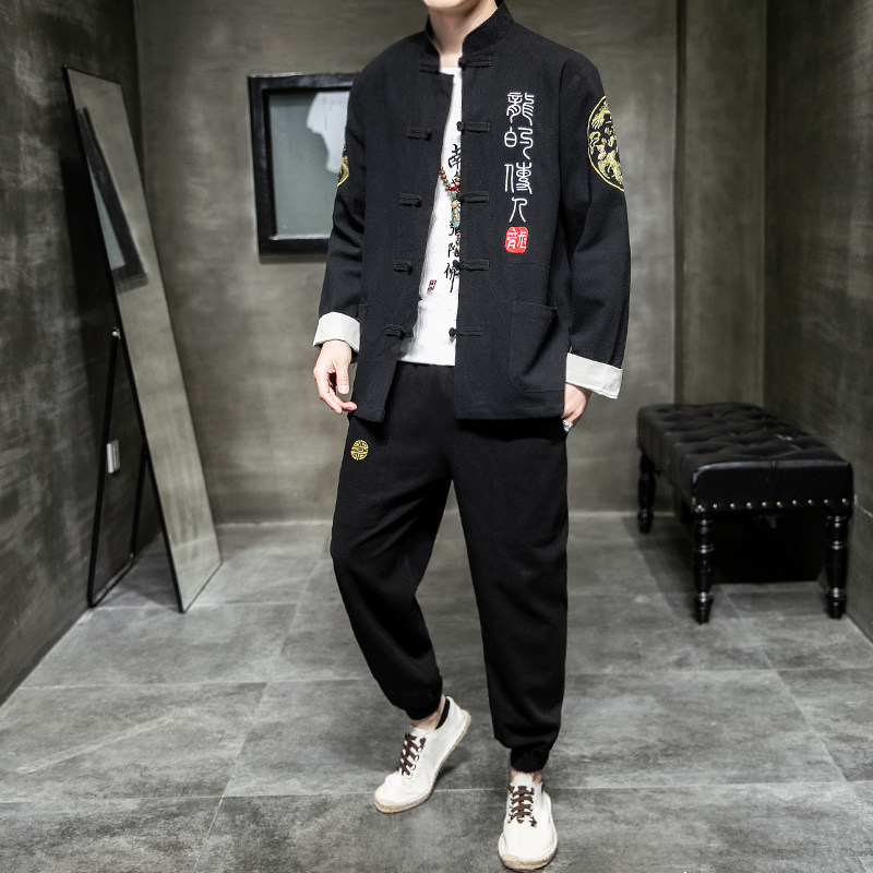 A1003中国风2021秋冬双臂刺棉麻/唐装/汉服套装P135,男装民族服装,钱塘7008(原4008)