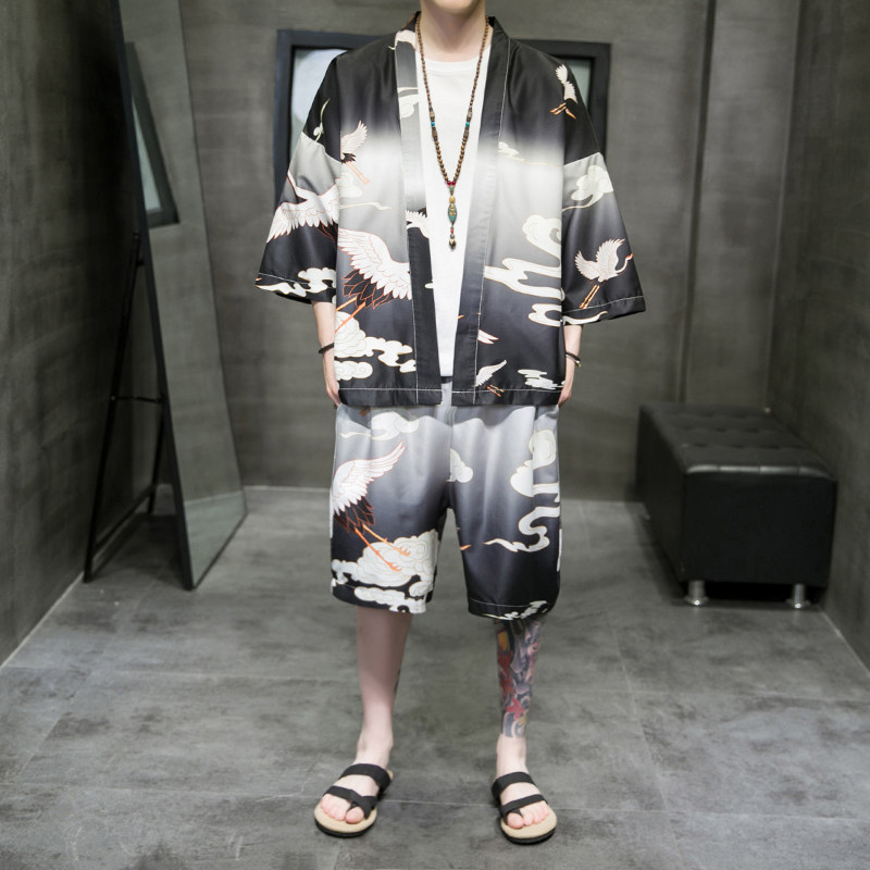 A3028*大码2021中国风仙鹤渐变冰丝面料汉服套装p80，男装休闲套装，钱塘7008(原4008)