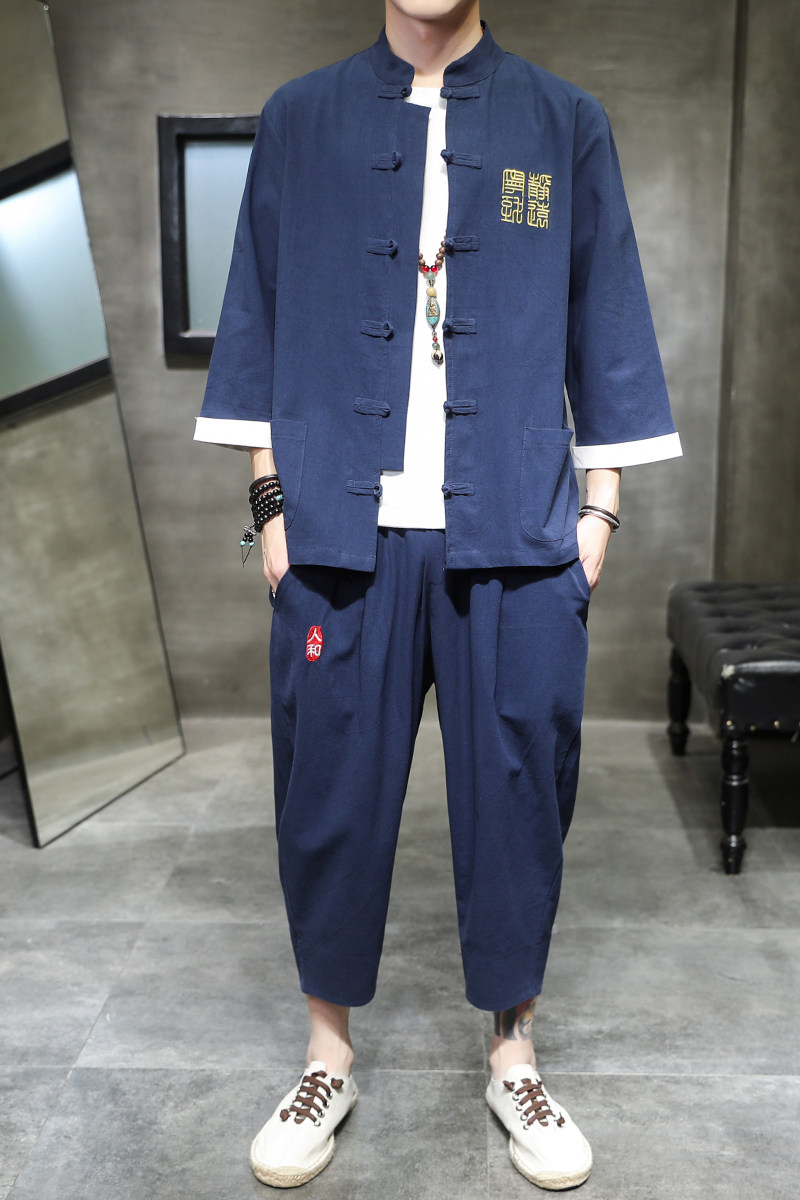 A1071中国风2021夏简单刺绣款3色开衫套装汉服套装p95,男装休闲套装,钱塘7008(原4008)