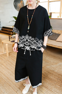 A202*爆款2021男套装 款印花棉麻 T恤+七分裤P85图片