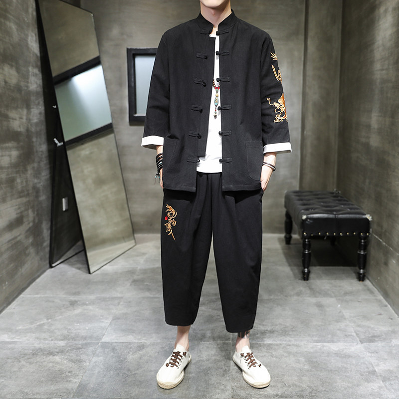 A1072初秋大码2021中国风刺绣款  七分开衫盘扣 汉服套装p110图片