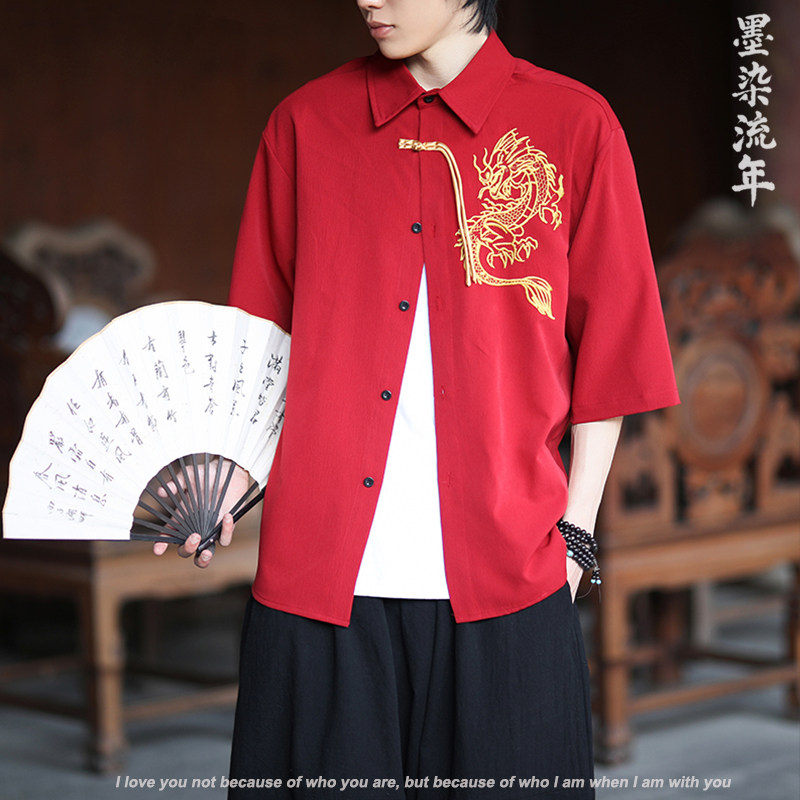 爆3色龙刺绣防皱冰丝夏2025风汉服短袖衬衫/衬衣A818-p68,男装衬衫,钱塘7008(原4008)