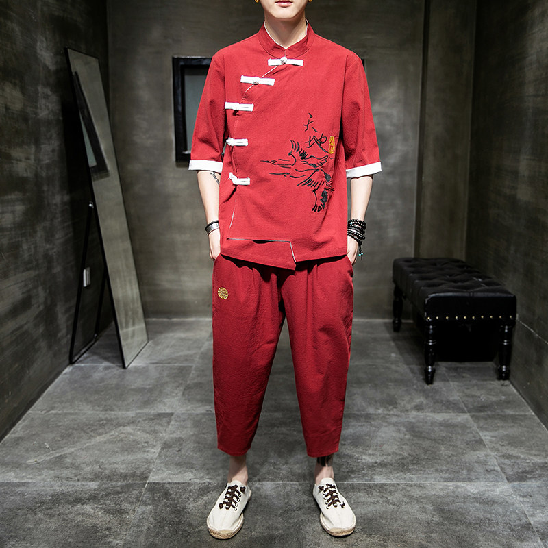 A1041*中国风2021夏天地刺绣短袖T恤+七分裤套装P105，男装休闲套装，钱塘7008(原4008)