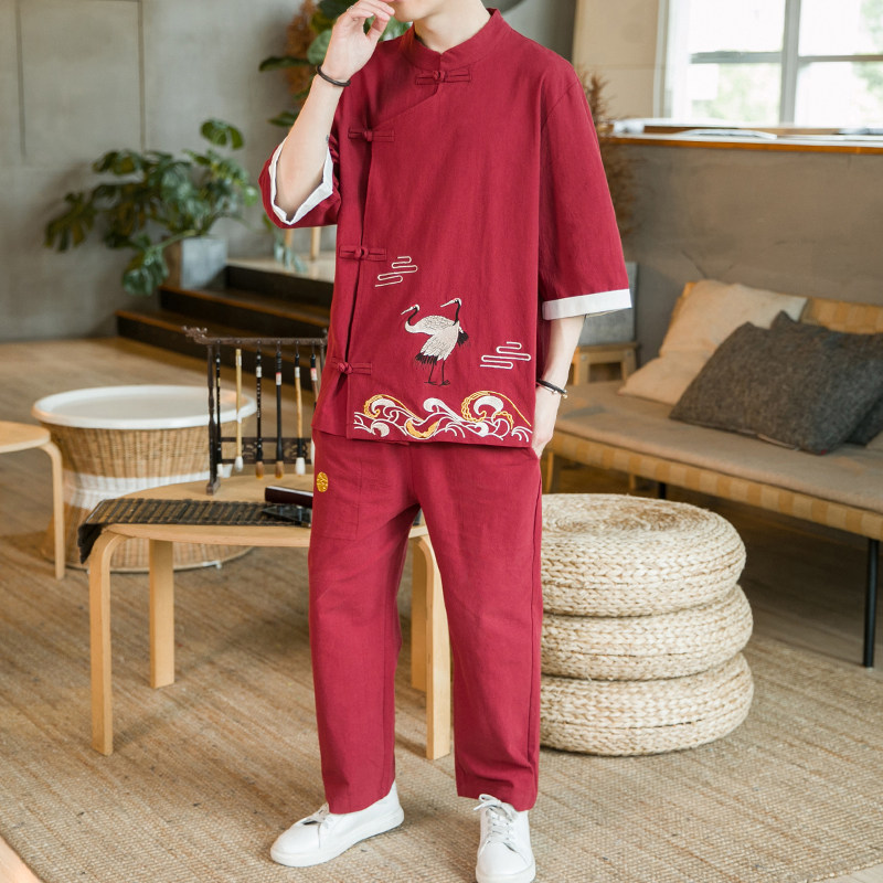 A3001*咖啡厅中国风大码双鹤刺绣短袖T恤+长裤套装P100,男装休闲套装,钱塘7008(原4008)