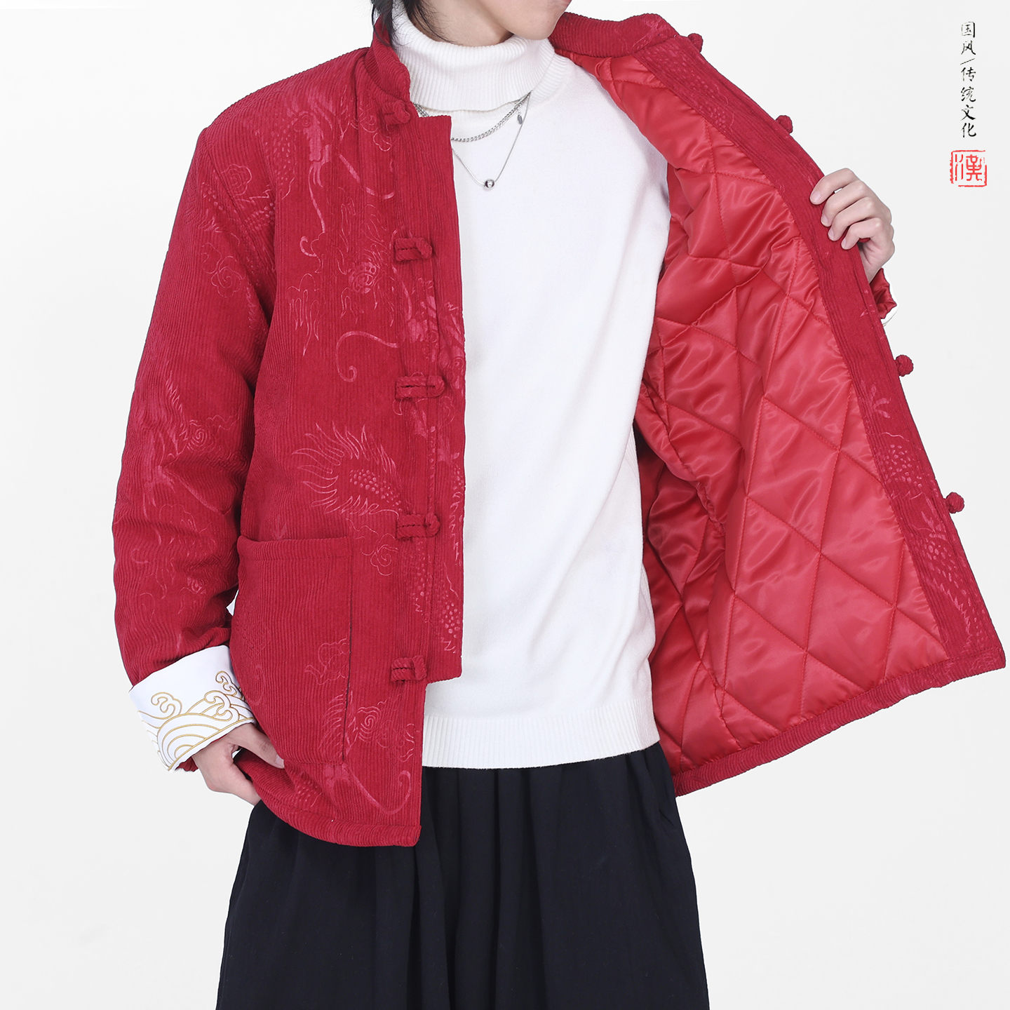 灯芯绒提花龙冬2025新中式盘扣外套唐装红棉衣外套A552-P148，男装棉衣，钱塘7008(原4008)