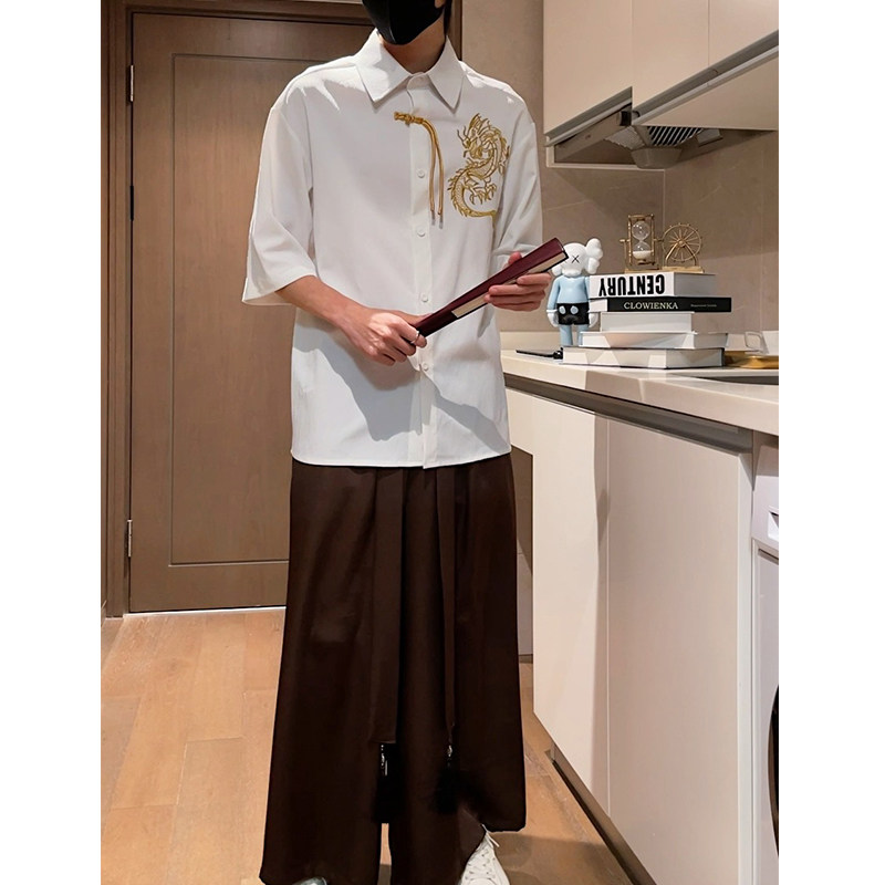 爆3色龙刺绣防皱冰丝夏2026风汉服短袖衬衫/衬衣A818-p68,男装T恤,钱塘7008(原4008)