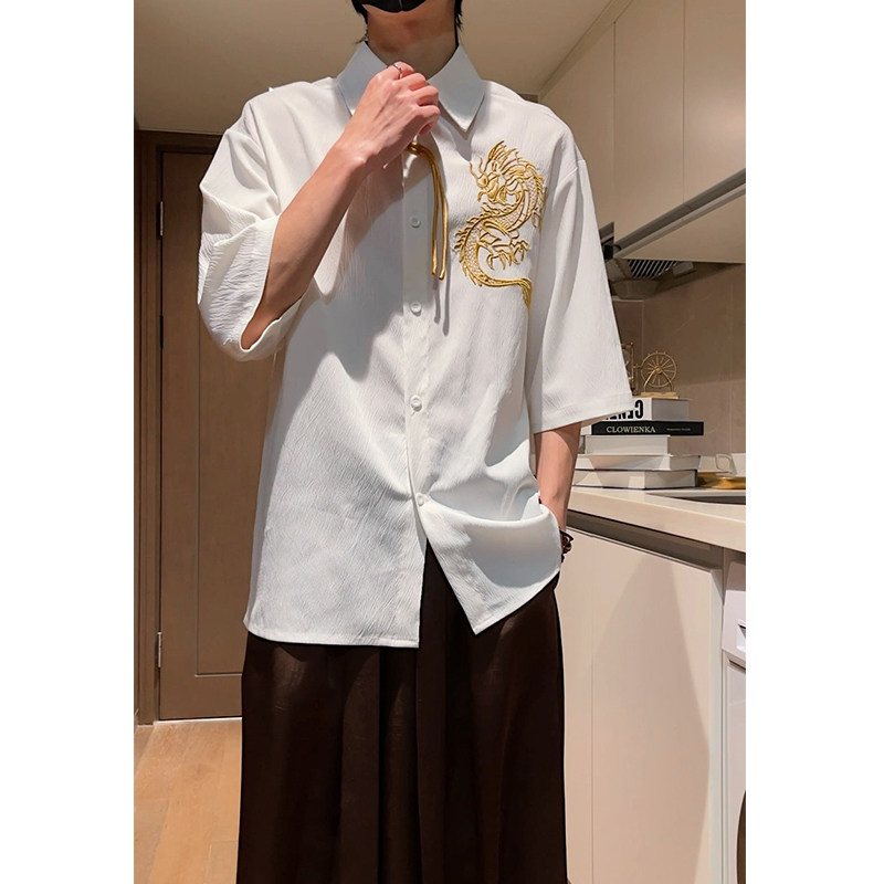 爆3色龙刺绣防皱冰丝夏2026风汉服短袖衬衫/衬衣A818-p68，男装T恤，钱塘7008(原4008)
