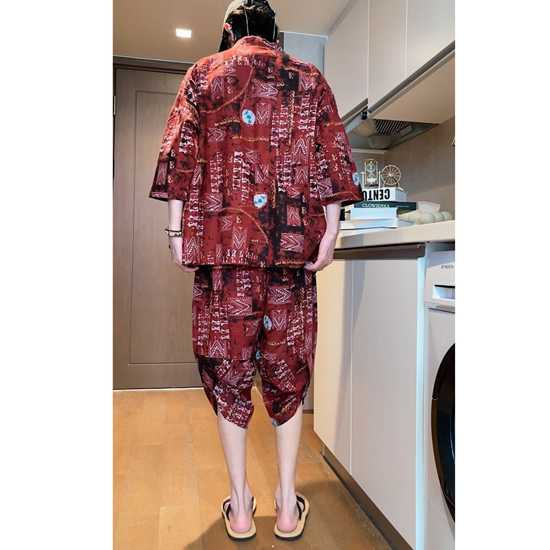 特价风夏2026沙滩休闲棉麻印花开衫套装A3004-p70,男装休闲套装,钱塘7008(原4008)