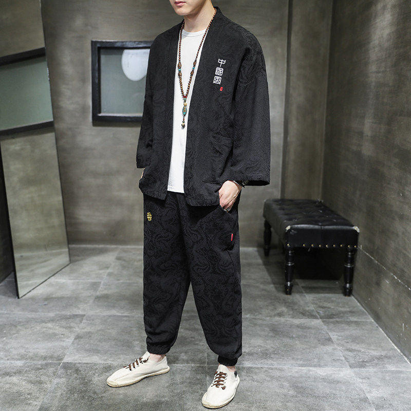 A1085*2021风提花款龙凤花型开衫长袖汉服套装,男装休闲套装,钱塘7008(原4008)