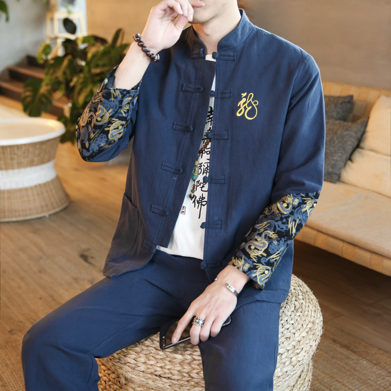 A702中国风2021秋冬大码 刺绣款龙 盘扣 棉麻汉服套装P120图片