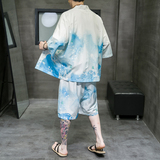 A3029*大码夏季男2021中国风水墨沙滩冰丝面料汉服套装p80，男装休闲套装，钱塘7008(原4008)
