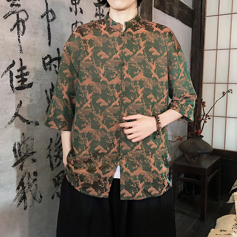 仙鹤提花夏季新品2026风汉服短袖衬衫/衬衣A678-p65，男装T恤，钱塘7008(原4008)