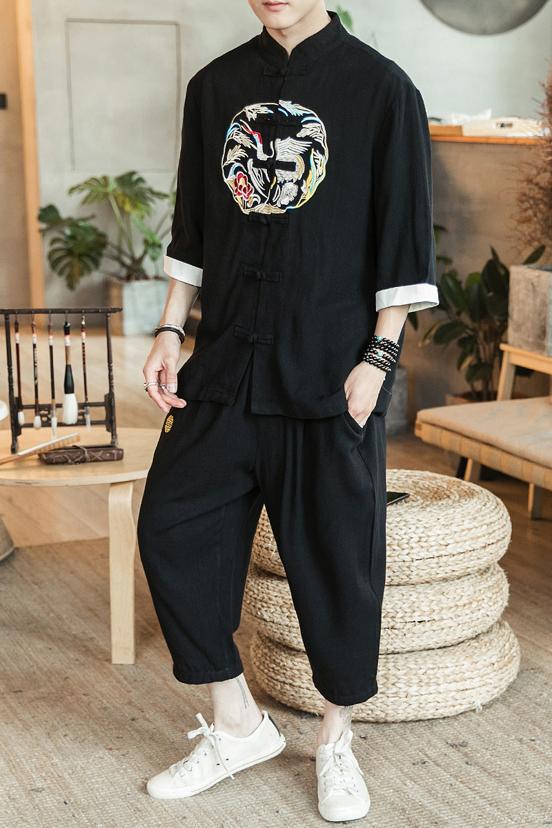 A733*咖啡厅2021大码中国风刺绣款棉麻盘扣汉服套装p100,男装休闲套装,钱塘7008(原4008)
