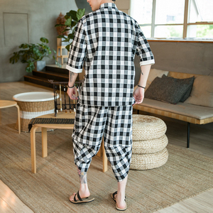 A3025*咖啡厅大码2021中国风 棉麻格子 开衫汉服套装p95图片