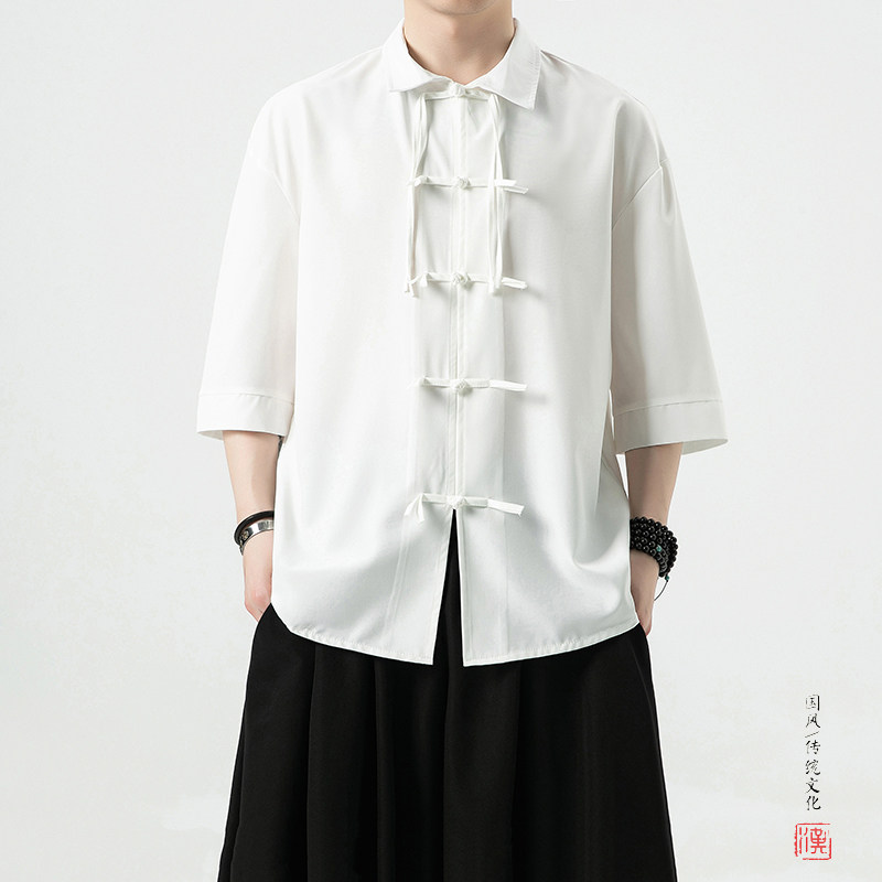 新中式白底夏季2026汉服冰丝短袖衬衫/衬衣A891-p65,男装T恤,钱塘7008(原4008)