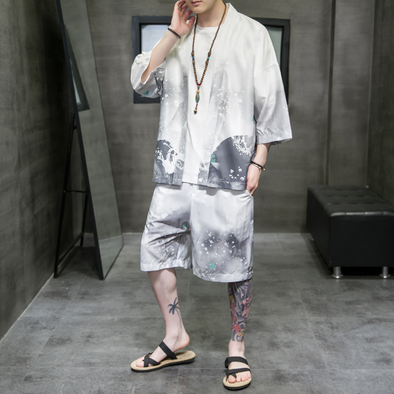 A3029*大码夏季男2021中国风水墨沙滩冰丝面料汉服套装p80,男装休闲套装,钱塘7008(原4008)