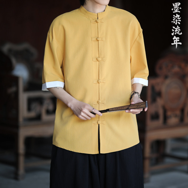 5色夏季2025冰丝抗皱盘扣男短袖衬衫/衬衣A8001*p40,男装T恤,钱塘7008(原4008)