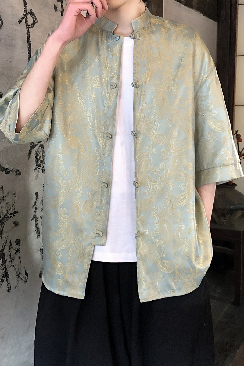 八角花提花夏季新品2025风汉服短袖衬衫/衬衣A685-p48,男装T恤,钱塘7008(原4008)