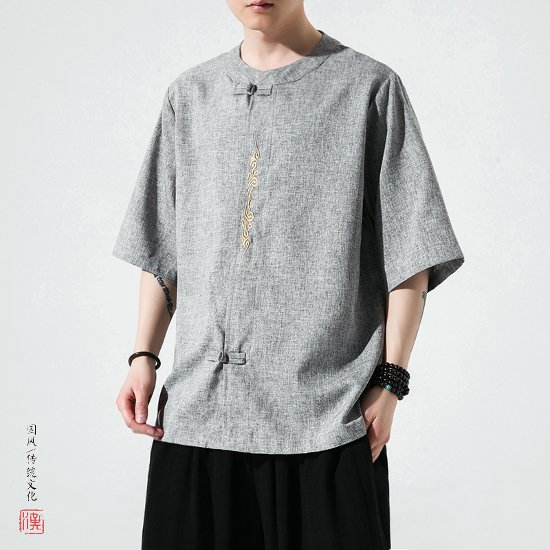 刺绣款大码男风夏2026仿麻汉服短袖衬衫/衬衣A862-p55,男装T恤,钱塘7008(原4008)