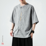 刺绣款大码男风夏2026仿麻汉服短袖衬衫/衬衣A862-p55，男装T恤，钱塘7008(原4008)