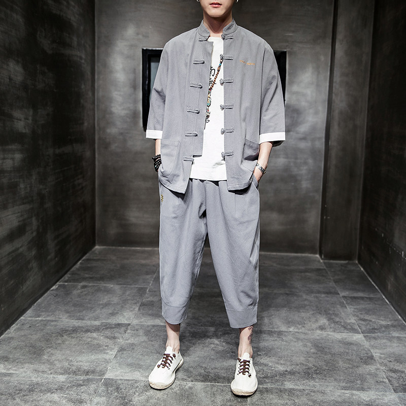 A718*初秋2021棉麻盘扣七分袖开衫T汉服套装p100,男装休闲套装,钱塘7008(原4008)