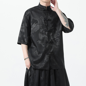 现货新款冰丝款 提花龙夏2025 团购新中式短袖衬衫/衬衣A669*p55图片