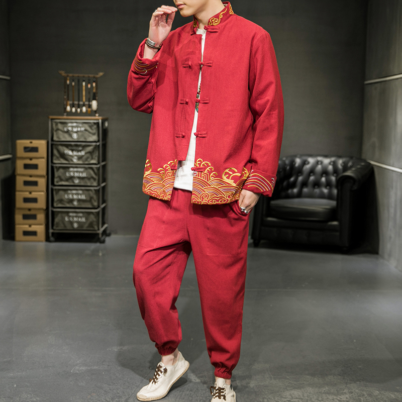A2029风2021秋冬撞色刺绣棉麻汉服套装，男装民族服装，钱塘7008(原4008)