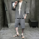 A3026*大码2021中国风3色华夫格爆款开衫汉服套装p85，男装休闲套装，钱塘7008(原4008)
