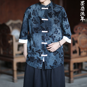 植绒提花蝴蝶设计 夏2025 风 汉服短袖衬衫/衬衣A825-p68图片