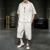 A2032*新品2021男装夏款衬衫领中国风短袖T恤套装P80，男装休闲套装，钱塘7008(原4008)