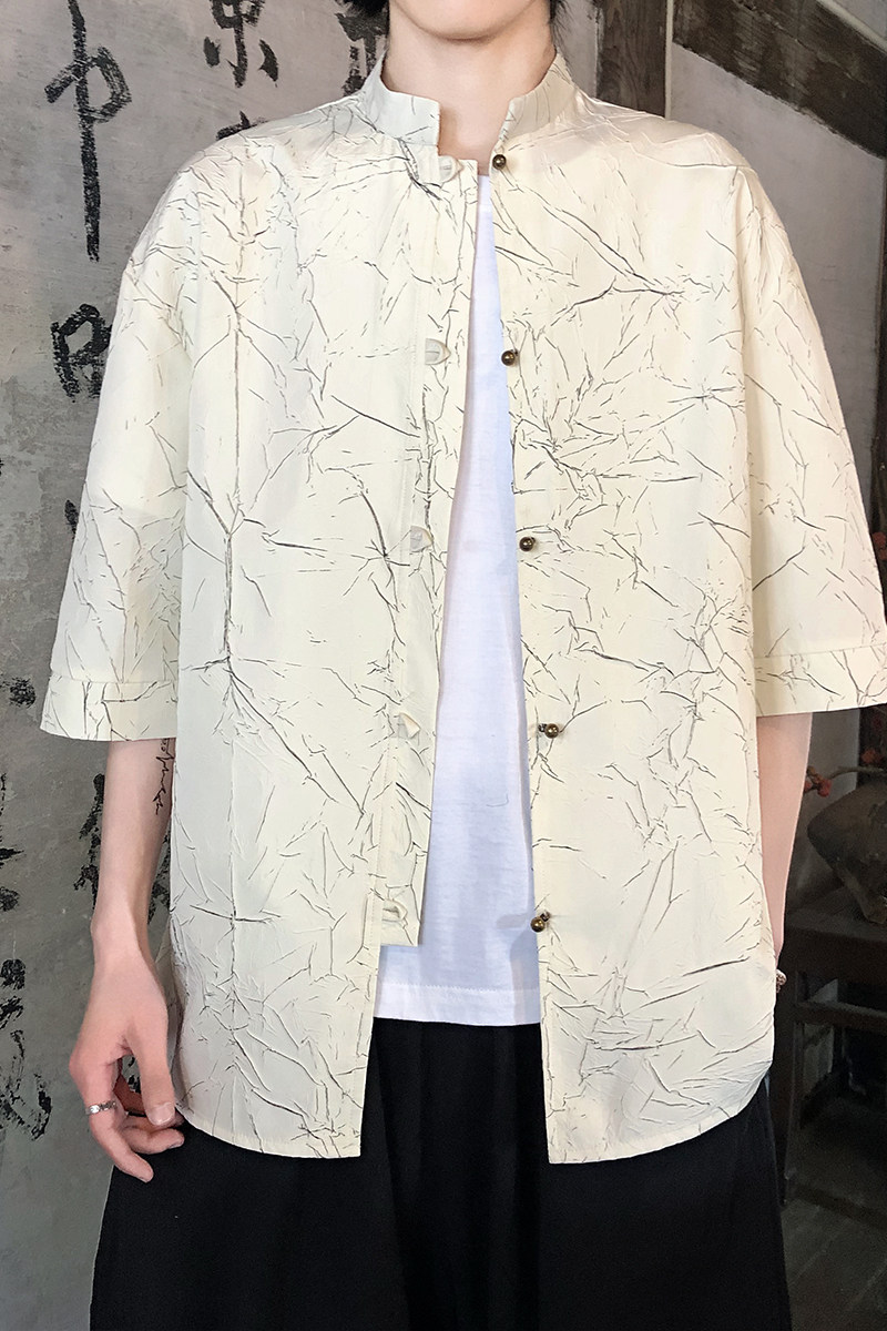 烫金褶皱设计夏季新品2026风汉服短袖衬衫/衬衣A811-p65,男装T恤,钱塘7008(原4008)
