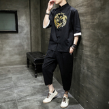 A1040*中国风2021龙凤刺绣棉麻短袖T恤+七分裤套装P100，男装休闲套装，钱塘7008(原4008)