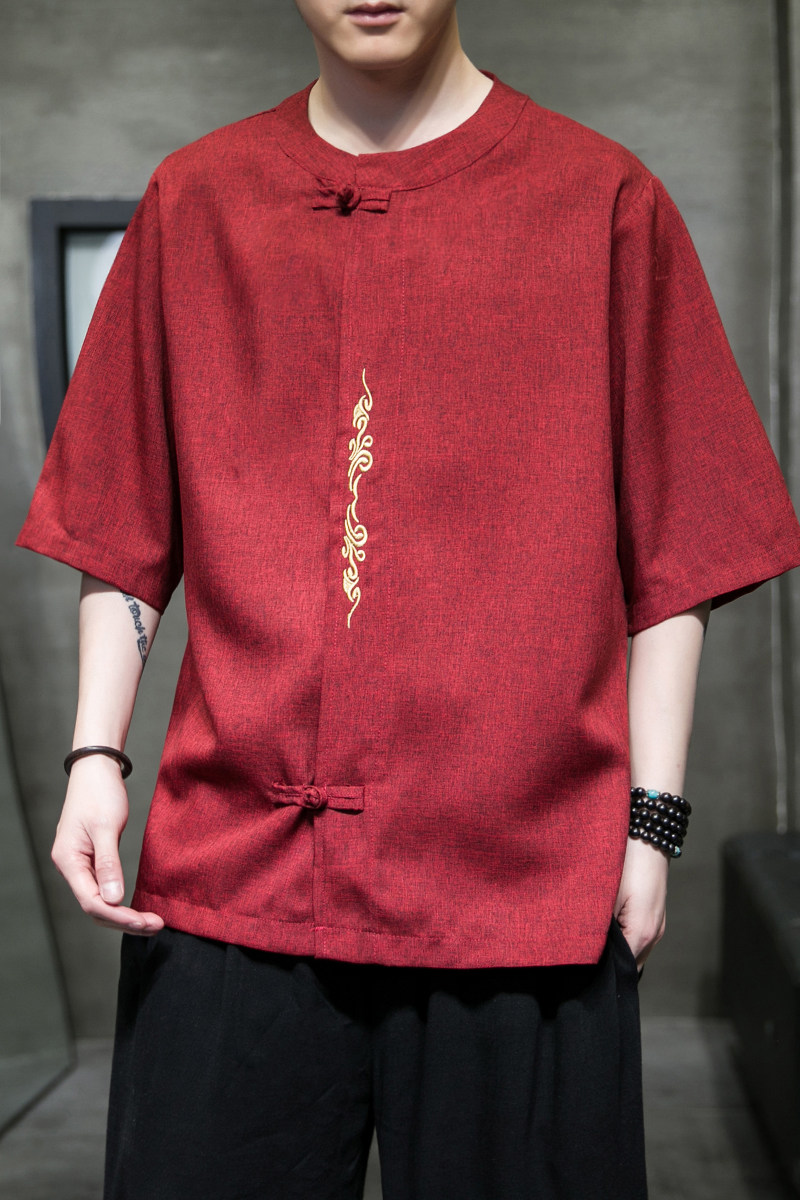刺绣款大码男风夏2026仿麻汉服短袖衬衫/衬衣A862-p55,男装T恤,钱塘7008(原4008)
