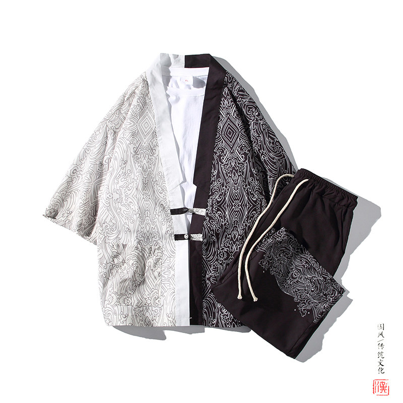 A3017*大码2021中国风对拼色数码印花冰丝开衫套装汉服套装p90,男装休闲套装,钱塘7008(原4008)