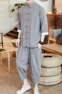 A718*2021中国风 棉麻盘扣七分袖开衫T汉服套装p100（不低于128）图片