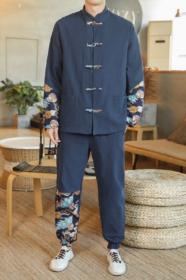 A1087跑量款秋冬风2020棉麻盘扣/开衫唐装套装,男装民族服装,钱塘7008(原4008)