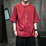 刺绣款大码男风夏2026仿麻汉服短袖衬衫/衬衣A862-p55，男装T恤，钱塘7008(原4008)