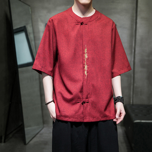 刺绣款 大码男 风夏2026 仿麻汉服短袖衬衫/衬衣A862-p55图片