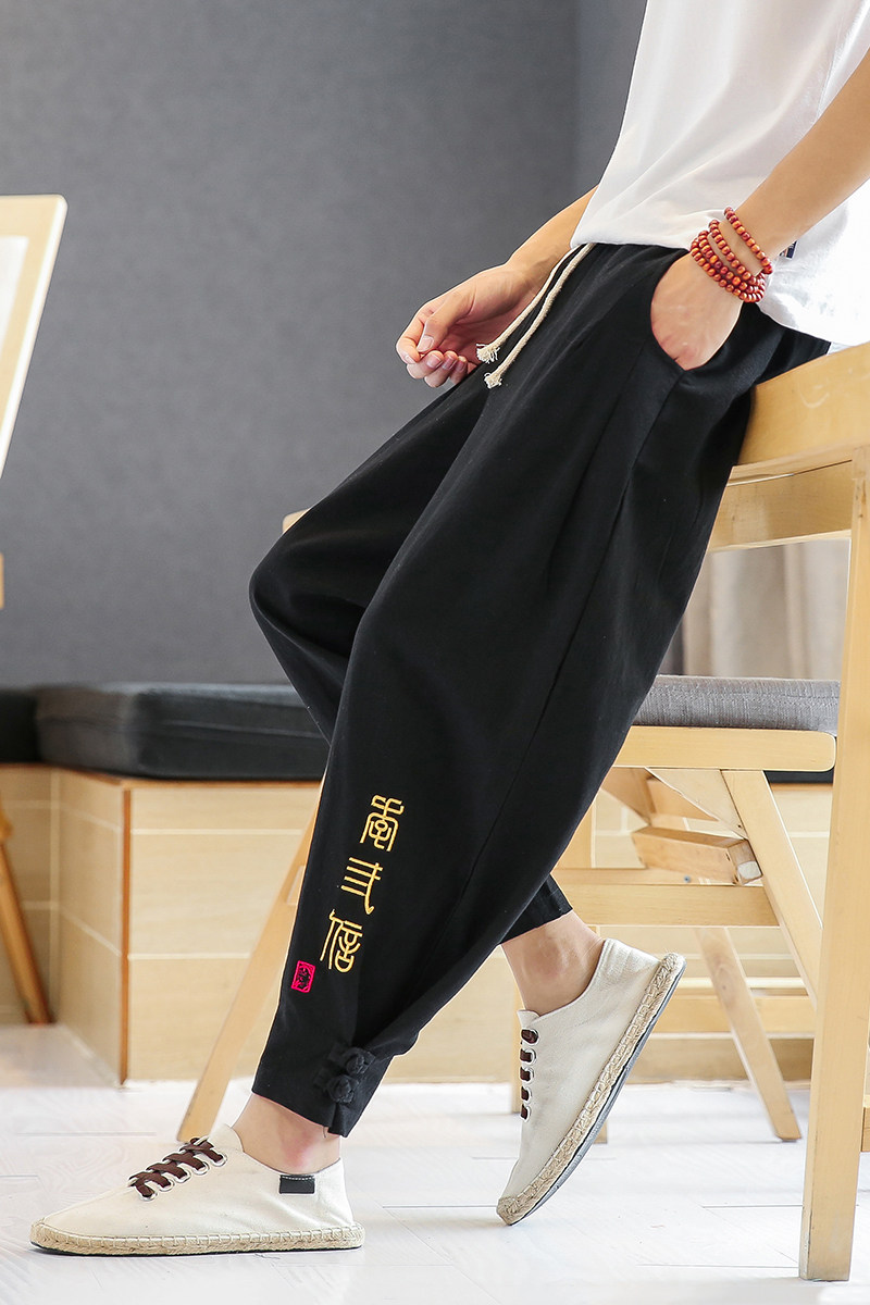 A4020酒店风-中国风2021刺绣束脚裤盘扣宽松九分裤p55,男装休闲裤,钱塘7008(原4008)
