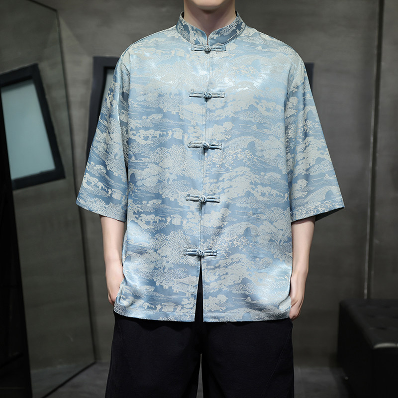 风冰丝面料山水款夏季2026新中式短袖衬衫/衬衣A622*p65,男装T恤,钱塘7008(原4008)