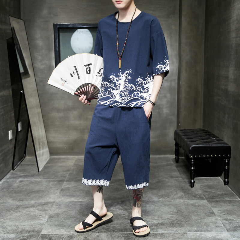 2026夏款新套装新品棉麻T恤+七分裤A005-P80，男装牛仔裤，钱塘7008(原4008)