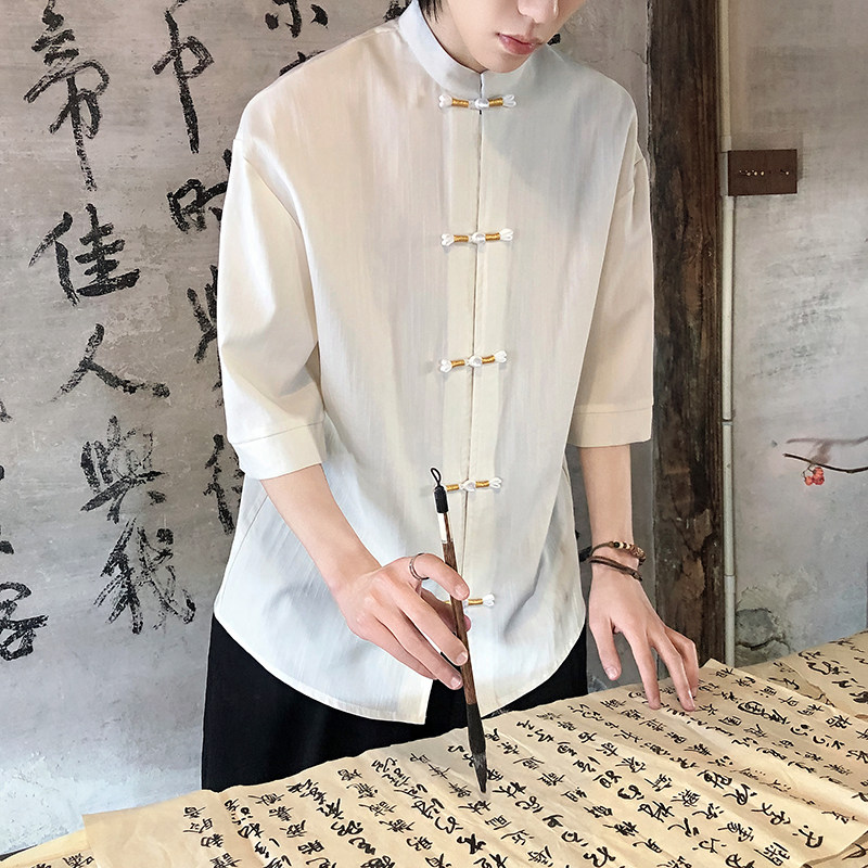 跑量竹节仿麻百搭单色夏2026风汉服短袖衬衫/衬衣A810-p45,男装T恤,钱塘7008(原4008)