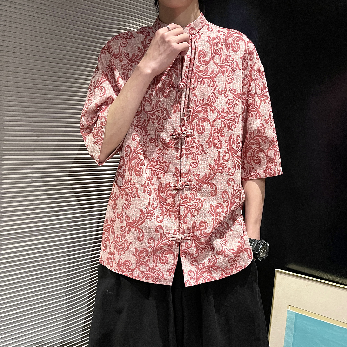新品夏2025提花3色风汉服短袖衬衫/衬衣A672-p65，男装T恤，钱塘7008(原4008)