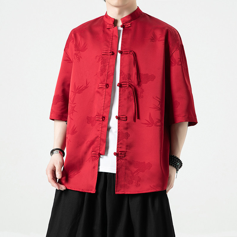 抖音直播品质冰丝竹子夏风2024盘扣短袖汉服衬衫A890-p65,男装T恤,钱塘7008(原4008)