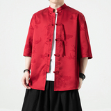 抖音直播品质冰丝竹子夏风2024盘扣短袖汉服衬衫A890-p65，男装T恤，钱塘7008(原4008)