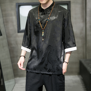 2026夏季风 冰丝 大龙提花 立领设计 短袖T恤A3012-p50，男装T恤，钱塘7008(原4008)