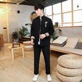 A140中国风2021春秋立领禅心之道拼接撞色盘扣棉麻套装P115，男装民族服装，钱塘7008(原4008)